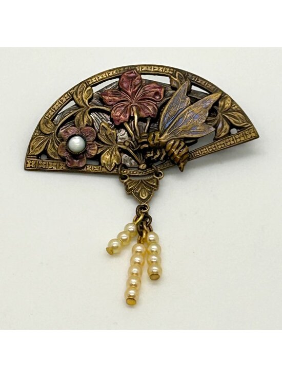 Estate Jewelry - Vintage Art Nouveau Revival Brass Fan Brooch Enamel Bee Faux Pearl Dangles